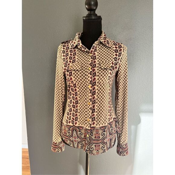 BCBGMAXAZRIA Dalgarven Printed Button Dress Shirt Top - Picture 1 of 5